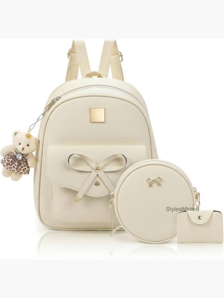 3-Piece Leather Backpack Set With Bowknot Design, Casual Daypack For Travel